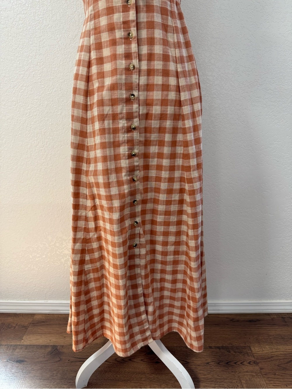 ANGIE  Rust and Cream Plaid Maxi Dress with Front Tie V-Neck Button Cotton M. - Picture 5 of 13
